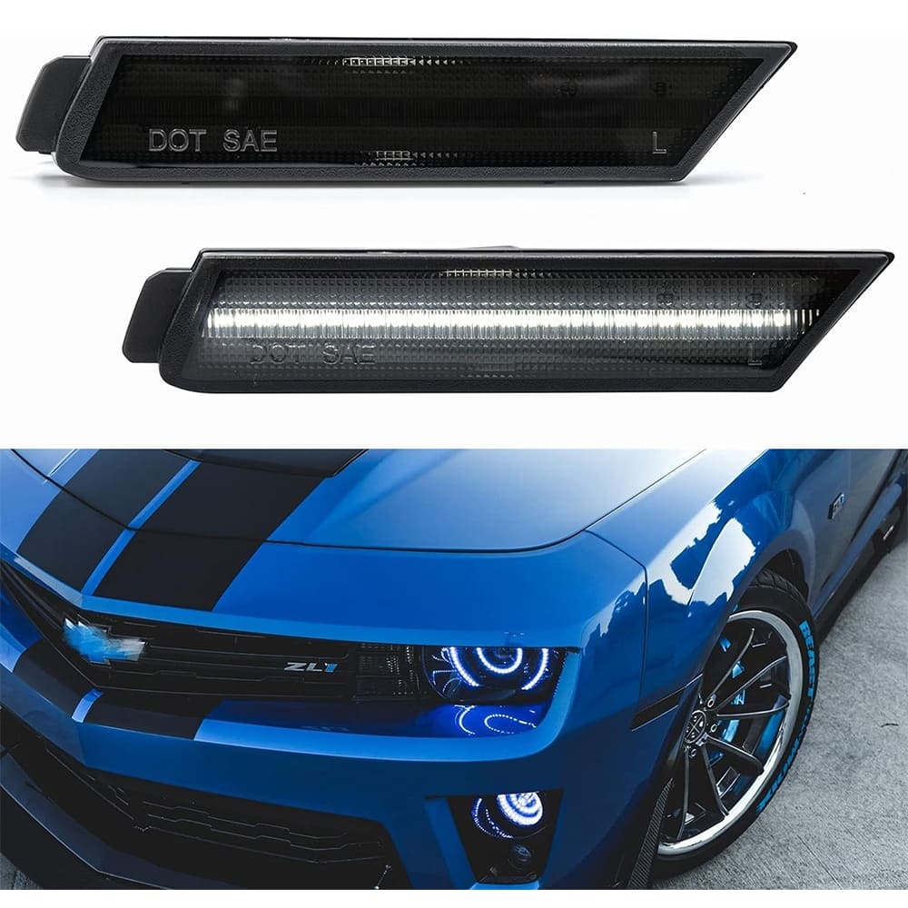 LED Side Marker Lights Replacement for Chevy Camaro 2010-2015 Euro Smoked Lens Xenon White Led Front Clearance Parking Marker Light Assembly Replace OEM Sidemarker Lamps