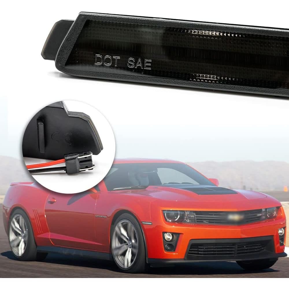 LED Side Marker Lights Replacement for Chevy Camaro 2010-2015 Euro Smoked Lens Xenon White Led Front Clearance Parking Marker Light Assembly Replace OEM Sidemarker Lamps