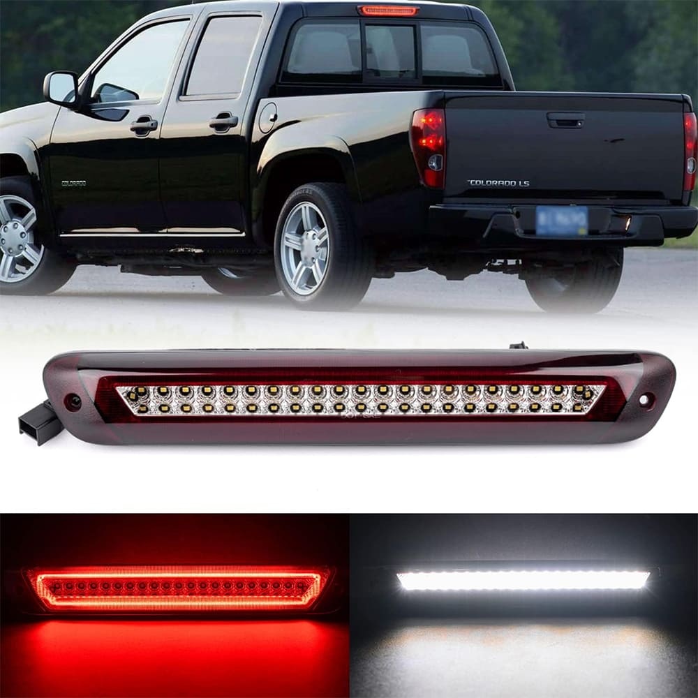 Led Third Brake Light Replacement for 2004-2012 Chevy Colorado GMC Canyon Pickup Trucks Red LED Strobe Rear 3rd Brake Center High Mount Stop Lamp White Cargo Light Kit Smoke/Clear Lens CHMSL