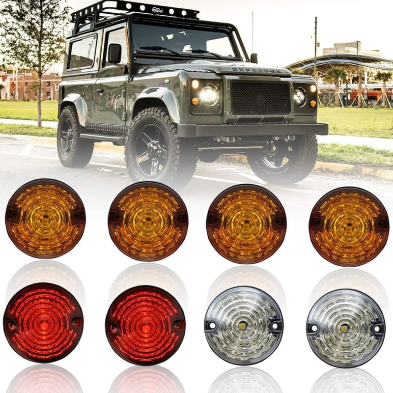 Defender Led Update Light Kit 8pcs 73mm Round Amber Indicatior Front Side Light Rear Tail Light for Land Rover Defender 90/110 with Flasher Colorful Lens Defender Light Assembly