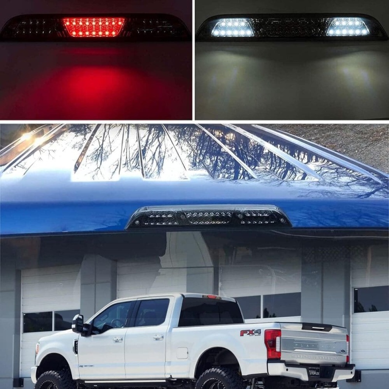 Led Third Brake Light Replacement for 2017-2021 Ford F250 F350 Super Duty Red LED Strobe Rear 3rd Brake Center High Mount Stop Lamp + White Cargo Light Cab Brake Lamp Kit Euro Smoked Lens