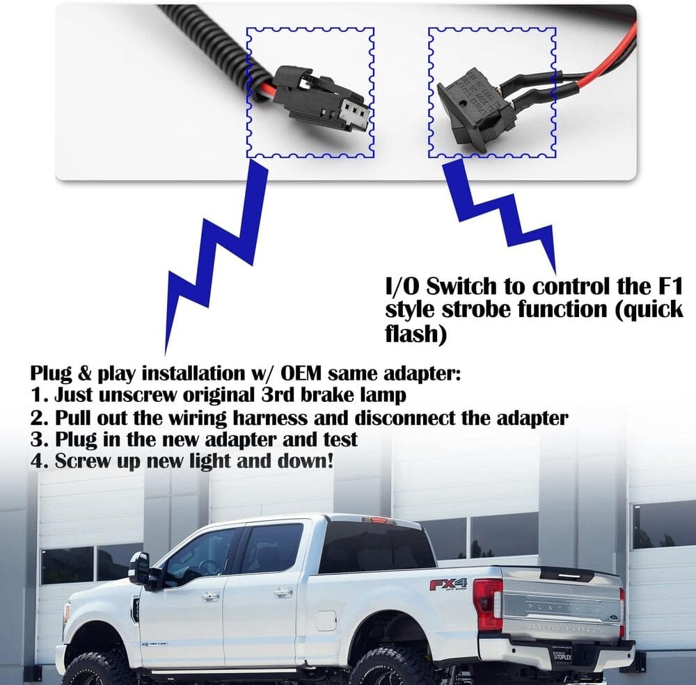 Led Third Brake Light Replacement for 2017-2021 Ford F250 F350 Super Duty Red LED Strobe Rear 3rd Brake Center High Mount Stop Lamp + White Cargo Light Cab Brake Lamp Kit Euro Smoked Lens