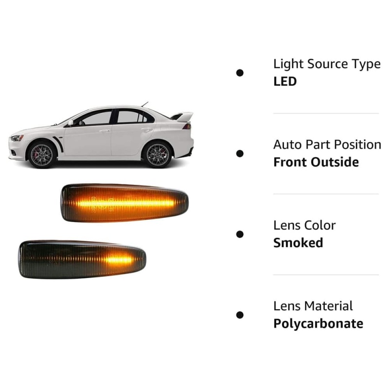 Sequential Amber LED Side Marker Light for Mitsubishi Lancer Evolution X Mirage Outlander Sport Front Side Fender Turn Signal Repeater Lamps Smoke/Clear Lens