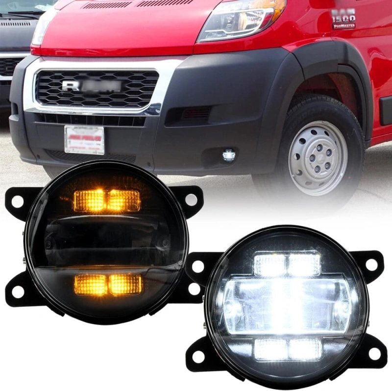 Led Fog Lamp Assembly Replacement for Ram Promaster 1500 2500 3500 2014-2023 Switchback Amber White DRL Signal Driving Lamps 12V Led DRL Fog Light Kit