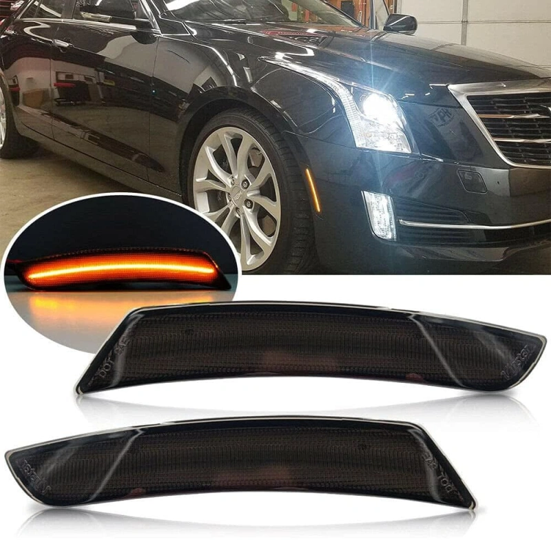 Amber LED Side Marker Lights for Cadillac ATS CTS 15-19 Camaro 16-up Smoke Lens Led Front Bumper Side Marker Lamps OEM Replacement