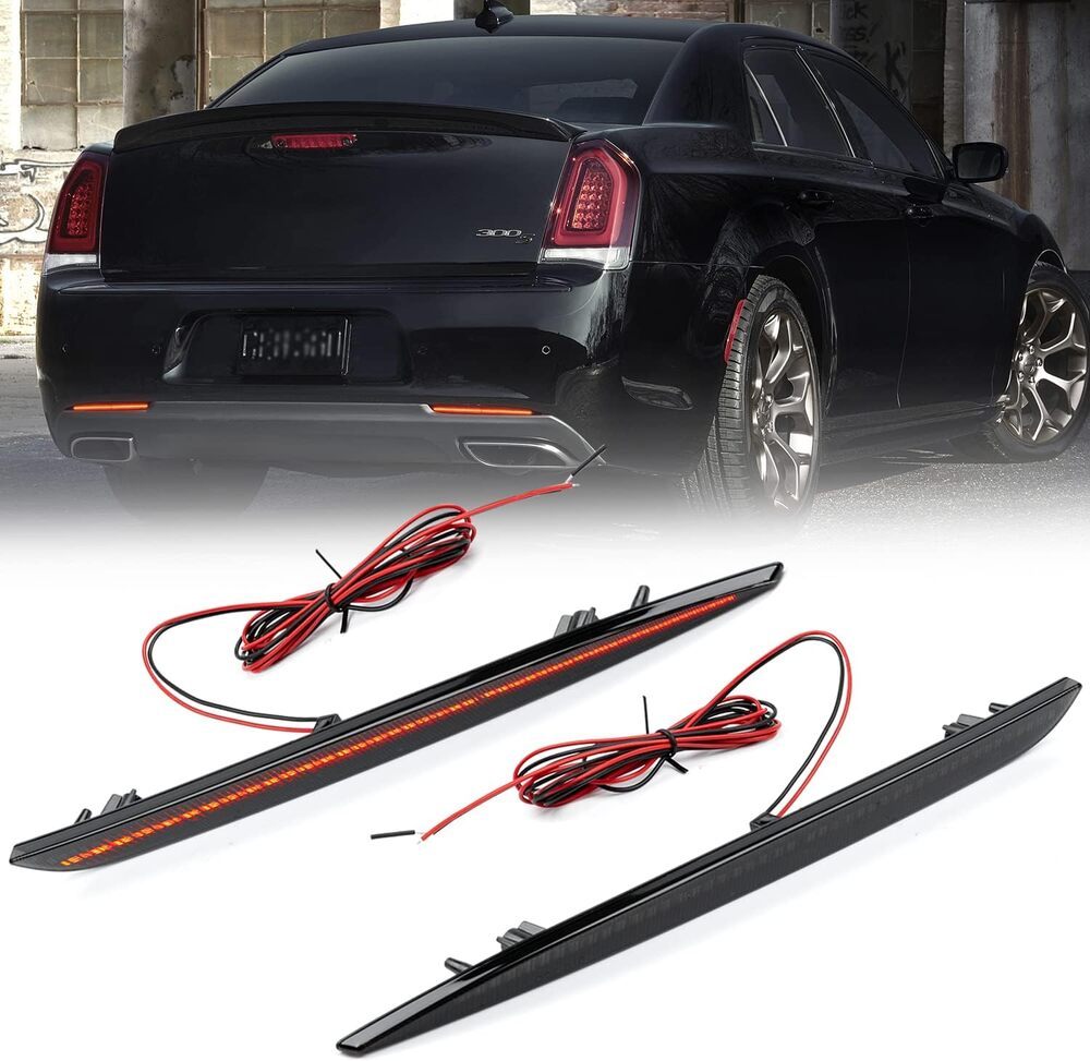 LED Rear Bumper Reflector Lights for 2015-2022 Chrysler 300 300C 300S Red Led Tail Driving Parking Lamps 88-SMD LED Reflector Upgrade Light Kit Smoked Lens