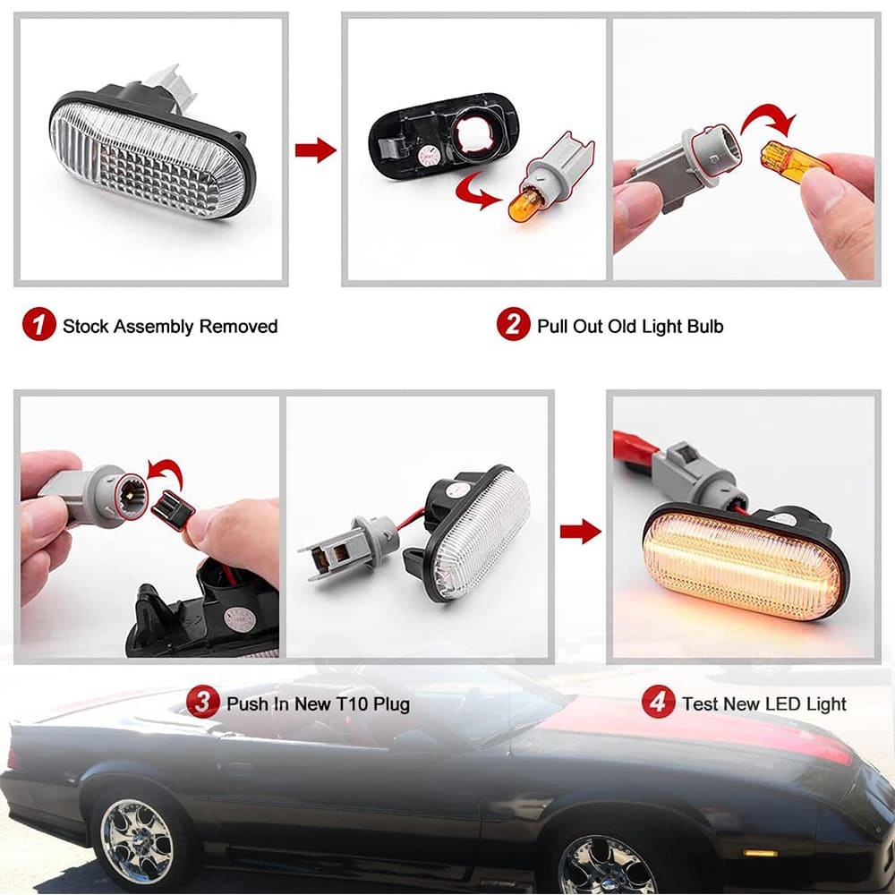 LED Front Side Marker Lights Replacement for 82-92 Chevy Camaro Euro Amber Led Bumper Side Signal Parking Marker Lights Smoke/Clear Lens