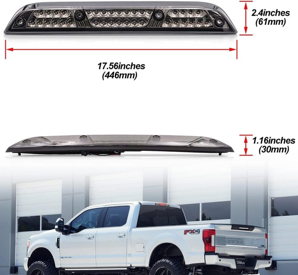 Led Third Brake Light Replacement for 2017-2021 Ford F250 F350 Super Duty Red LED Strobe Rear 3rd Brake Center High Mount Stop Lamp + White Cargo Light Cab Brake Lamp Kit Euro Smoked Lens