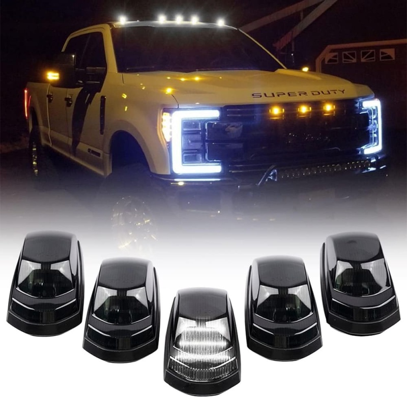 LED Cab Marker Lights Compatible w/ Ford F250 F350 Super Duty 2017 2018 2019 2020 2021 2022 White Front Roof Mounted Cab Light Kit Smoked Lens OEM Fit Roof Running Cab Marker Lamps for Pickup Trucks