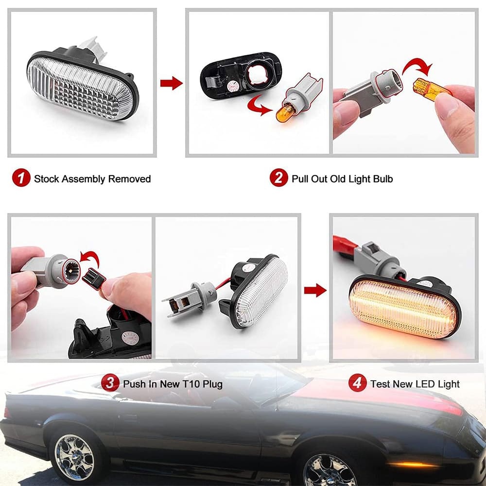 LED Front Side Marker Lights Replacement for 82-92 Chevy Camaro Euro Amber Led Bumper Side Signal Parking Marker Lights Smoke/Clear Lens