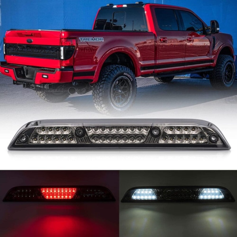 Led Third Brake Light Replacement for 2017-2021 Ford F250 F350 Super Duty Red LED Strobe Rear 3rd Brake Center High Mount Stop Lamp + White Cargo Light Cab Brake Lamp Kit Euro Smoked Lens