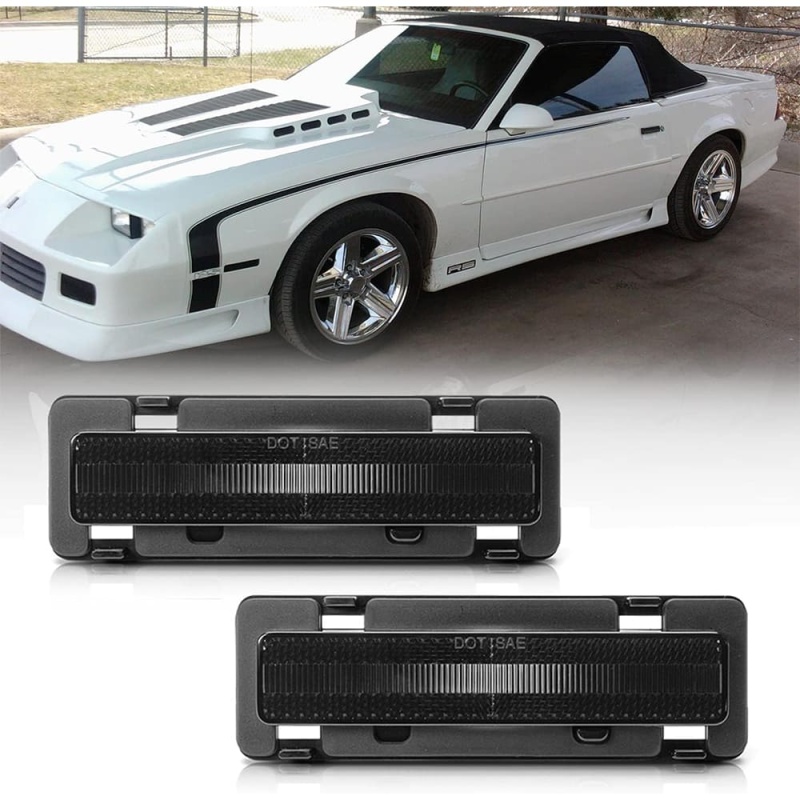 Front Side Marker Light Housings Compatible w/ 82-92 Chevy Camaro Euro Smoked Lens Front Bumper Side Signal Parking Marker Lamps Covers OEM-Fit Replacement