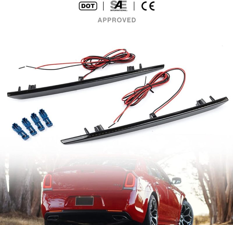 LED Rear Bumper Reflector Lights for 2015-2022 Chrysler 300 300C 300S Red Led Tail Driving Parking Lamps 88-SMD LED Reflector Upgrade Light Kit Smoked Lens