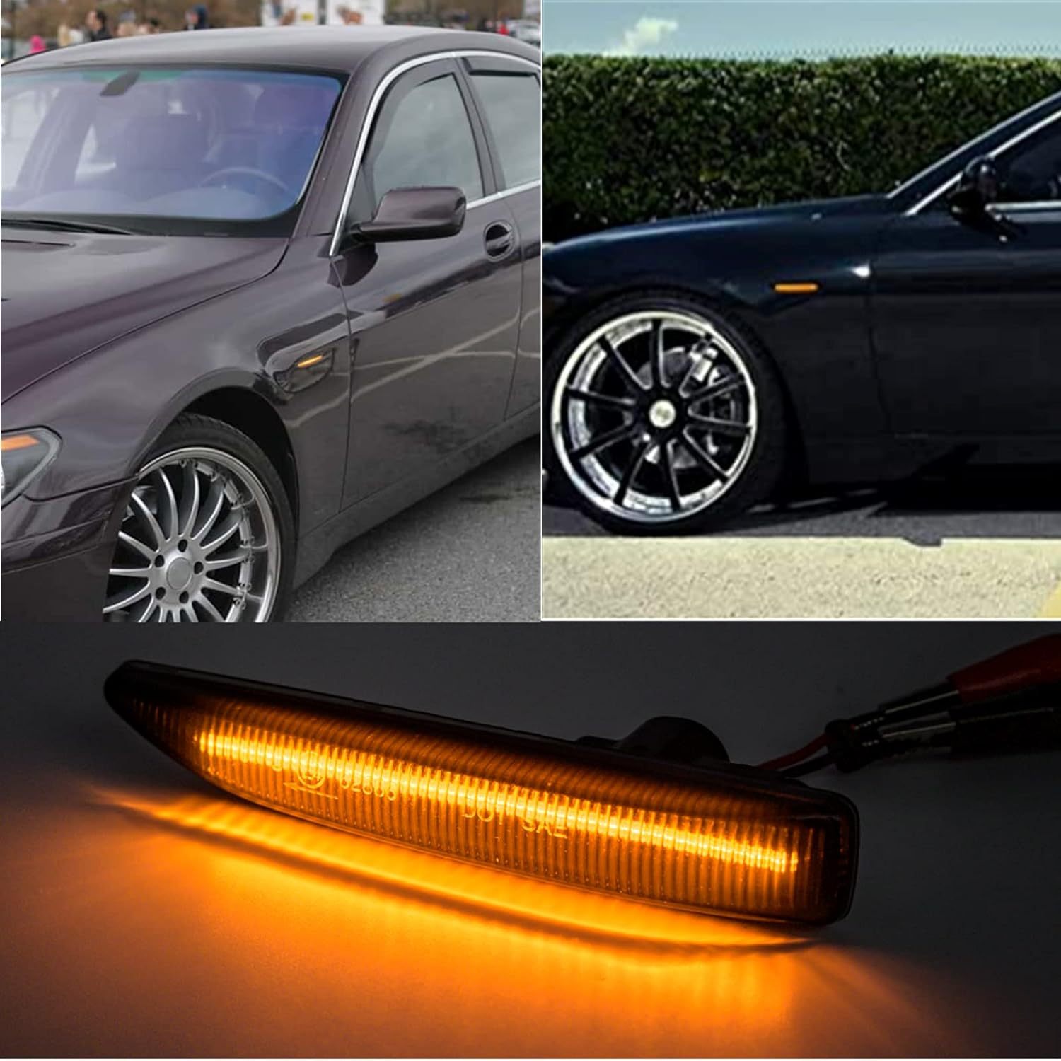 Front Amber LED Side Marker Lights Compatible With 2002-2008 BMW 7 Series E65 E66 E67 Smoke Lens Fender Turn Signal Light Kits OEM Fit
