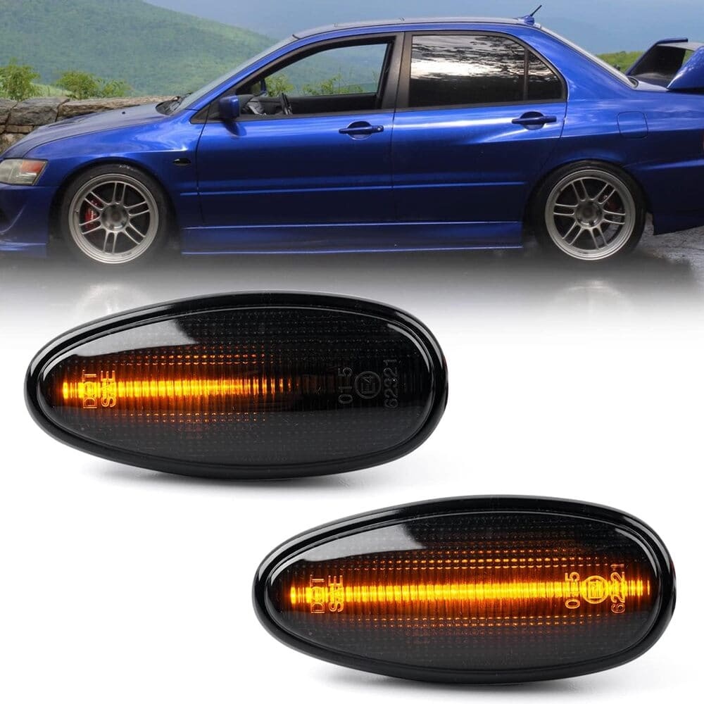 Sequential Amber LED Side Marker Lights for 1998-2006 Mitsubishi Lancer EVO Evolution 5 6 7 8 9 Front Fender Turn Signal Indicator Blinker Lamps JDM Style OEM Replacement (Smoked Lens)
