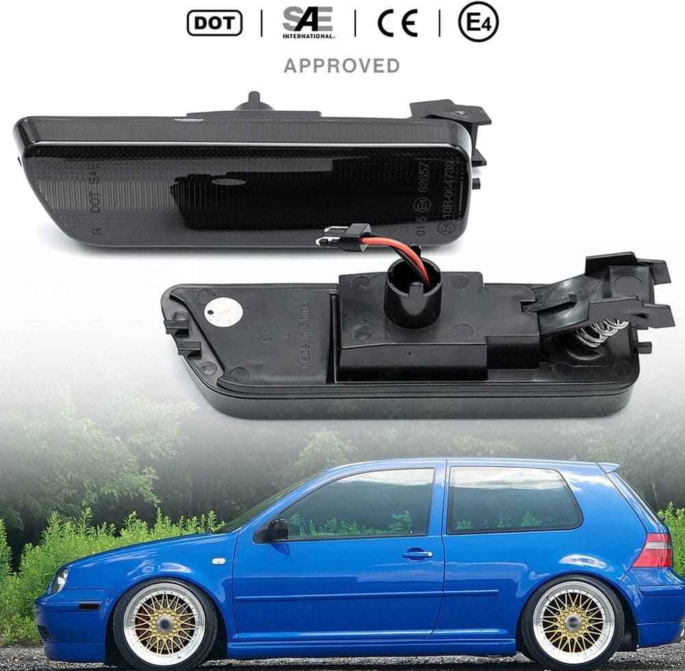 Led Side Marker Lights Replacement for VW MK4 Jetta GTI Golf 1999-2006, Amber Led Front Bumper Side Marker Turn Signal Light Kit Smoked Pair Driver Passenger Lamp Assembly OEM 1JM945072/1JM945071