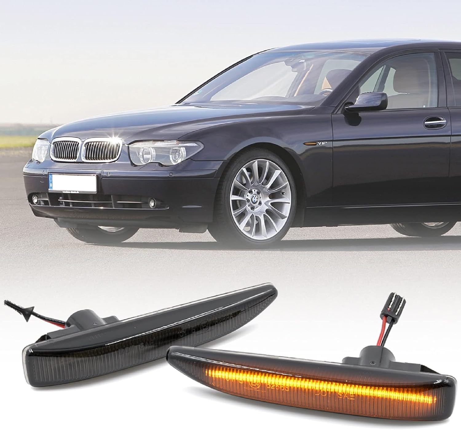 Front Amber LED Side Marker Lights Compatible With 2002-2008 BMW 7 Series E65 E66 E67 Smoke Lens Fender Turn Signal Light Kits OEM Fit
