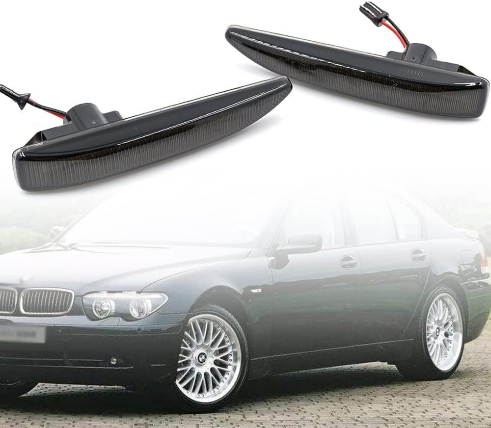 Front Amber LED Side Marker Lights Compatible With 2002-2008 BMW 7 Series E65 E66 E67 Smoke Lens Fender Turn Signal Light Kits OEM Fit