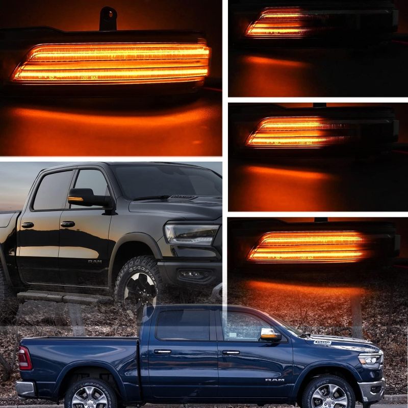 Sequential LED Side Mirror Marker Lights Compatible w/ 2019-2022 Dodge RAM 1500 Pickup Towing Mirror Turn Signal Indicator Lamp Assembly Smoked Lens