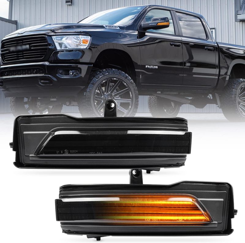 Sequential LED Side Mirror Marker Lights Compatible w/ 2019-2022 Dodge RAM 1500 Pickup Towing Mirror Turn Signal Indicator Lamp Assembly Smoked Lens