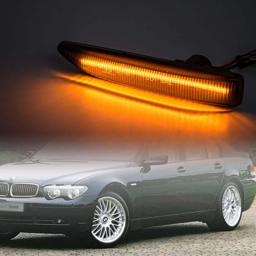 Front Amber LED Side Marker Lights Compatible With 2002-2008 BMW 7 Series E65 E66 E67 Smoke Lens Fender Turn Signal Light Kits OEM Fit