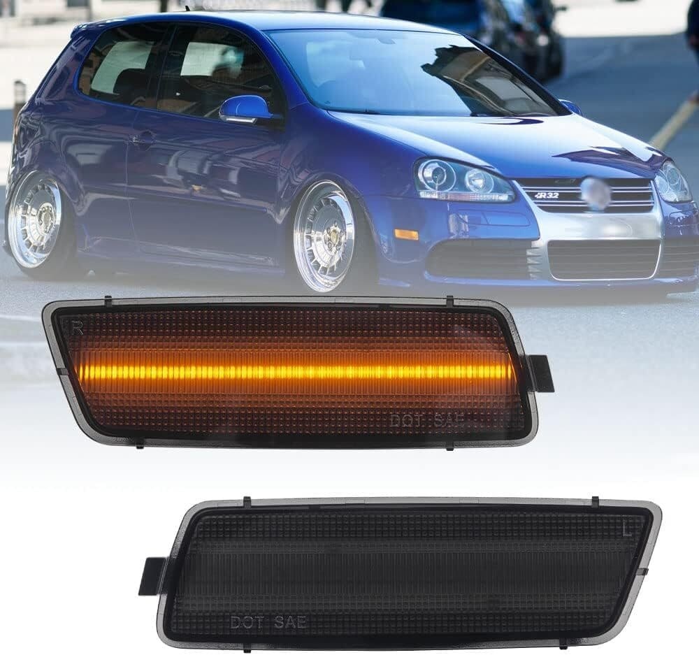 Front Bumper Amber Led Side Marker Lights Compatible VW 2005-2010 MK5 Jetta Golf GTI R32 Smoked Lens Side Lights OEM Sidemarker Replacement