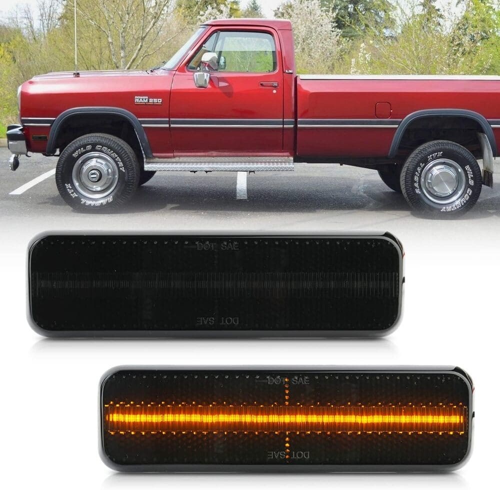 LED Front Side Marker Lights Replacement for 1981-1993 Dodge Ram D150 D250 D350 W250 Pickup Ramcharger, Smoke Lens Amber Led Pair Driver Passenger Side Turn Signal Parking Light Kit 3587436