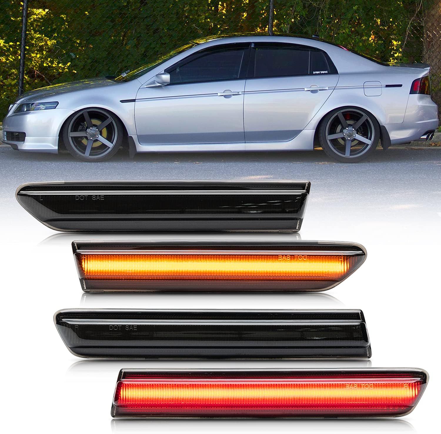 Led Side Marker Lights Replacement for 2004-2008 Acura TL Amber Front & Rear Red Side Repeater Lamp for Driver Passenger Sides Euro Smoked
