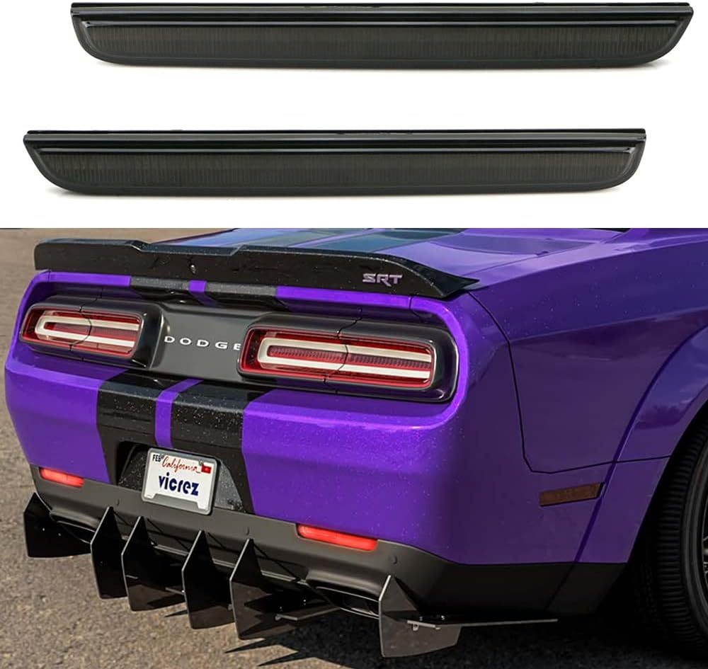 LED Rear Bumper Reflector Lights for 2015-2022 Dodge Challenger Smoked Lens Red Tail Lamps 80-SMD LED Reflector Light Kit
