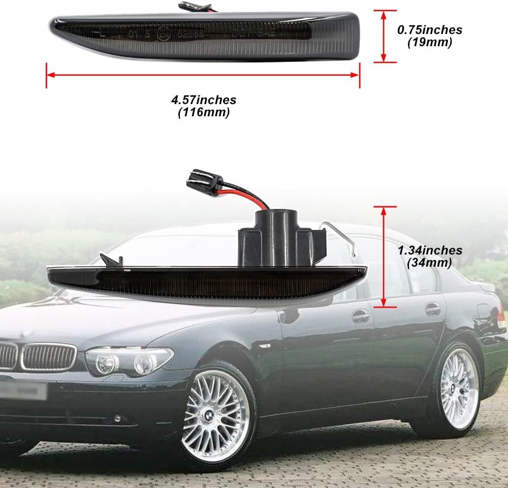 Front Amber LED Side Marker Lights Compatible With 2002-2008 BMW 7 Series E65 E66 E67 Smoke Lens Fender Turn Signal Light Kits OEM Fit