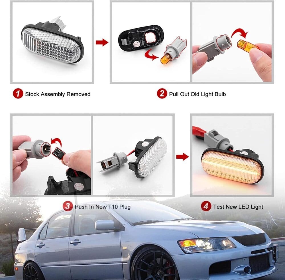 Sequential Amber LED Side Marker Lights for 1998-2006 Mitsubishi Lancer EVO Evolution 5 6 7 8 9 Front Fender Turn Signal Indicator Blinker Lamps JDM Style OEM Replacement (Smoked Lens)