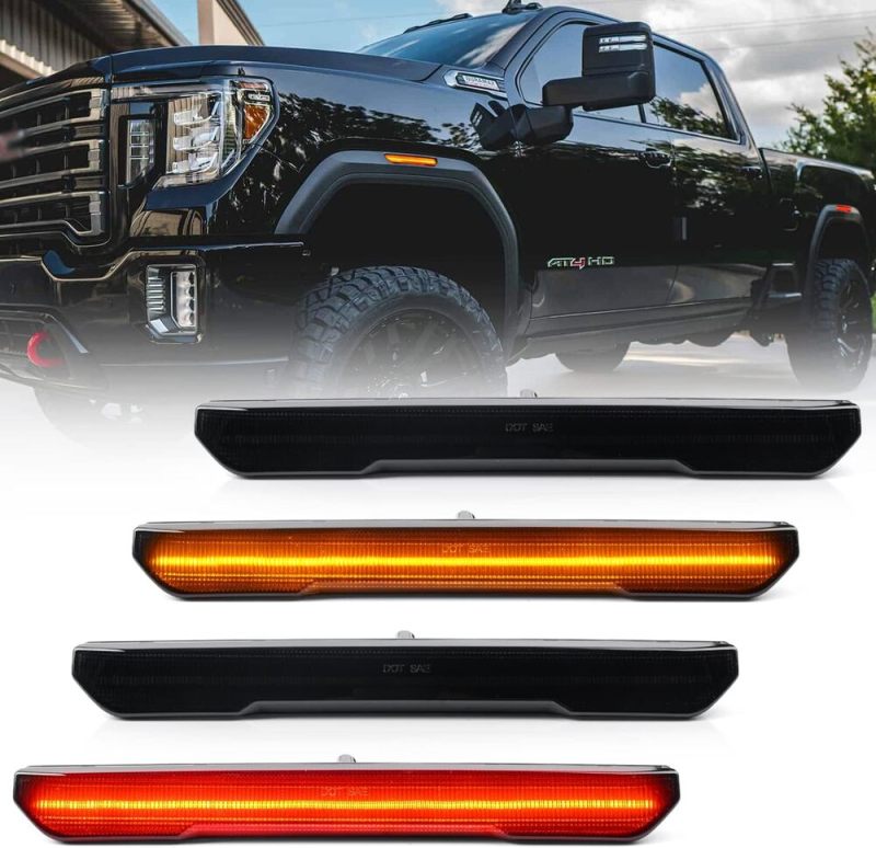 Led Side Marker Lights Replacement for 2020 2021 2022 GMC Sierra 2500HD 3500HD Pickup Amber Front Rear Red Side Markers Left Right Fender Sidemarker Lamps Kit Euro Smoked Lens