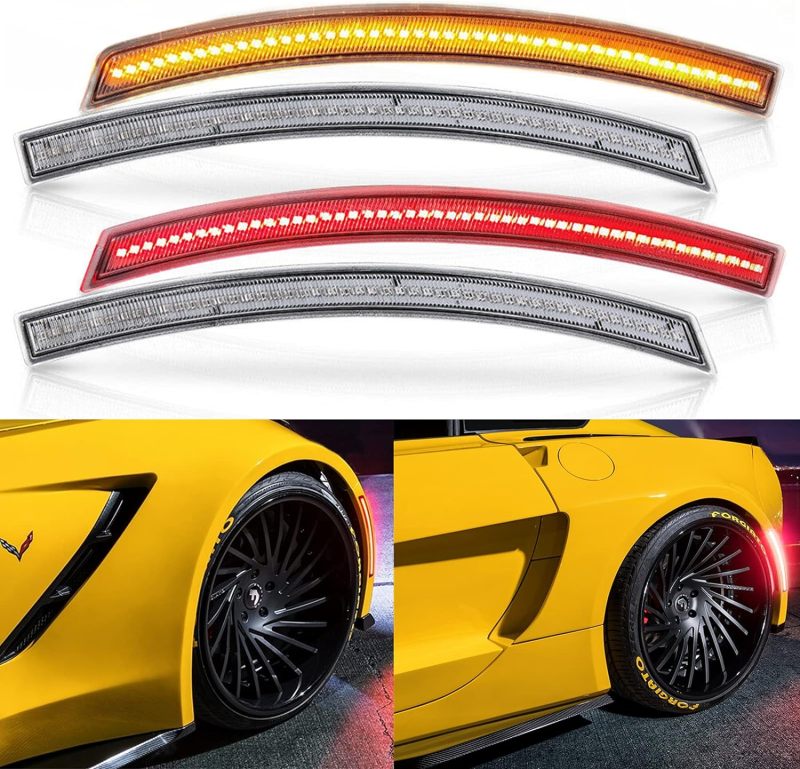 LED Side Marker Lights for Chevy Corvette C7 2014 2015 2016 2017 2018 2019 Smoked Lens 192-SMD Amber Front Red Rear C7 Side Signal Marker Lights Replace OEM Sidemarker Lamps