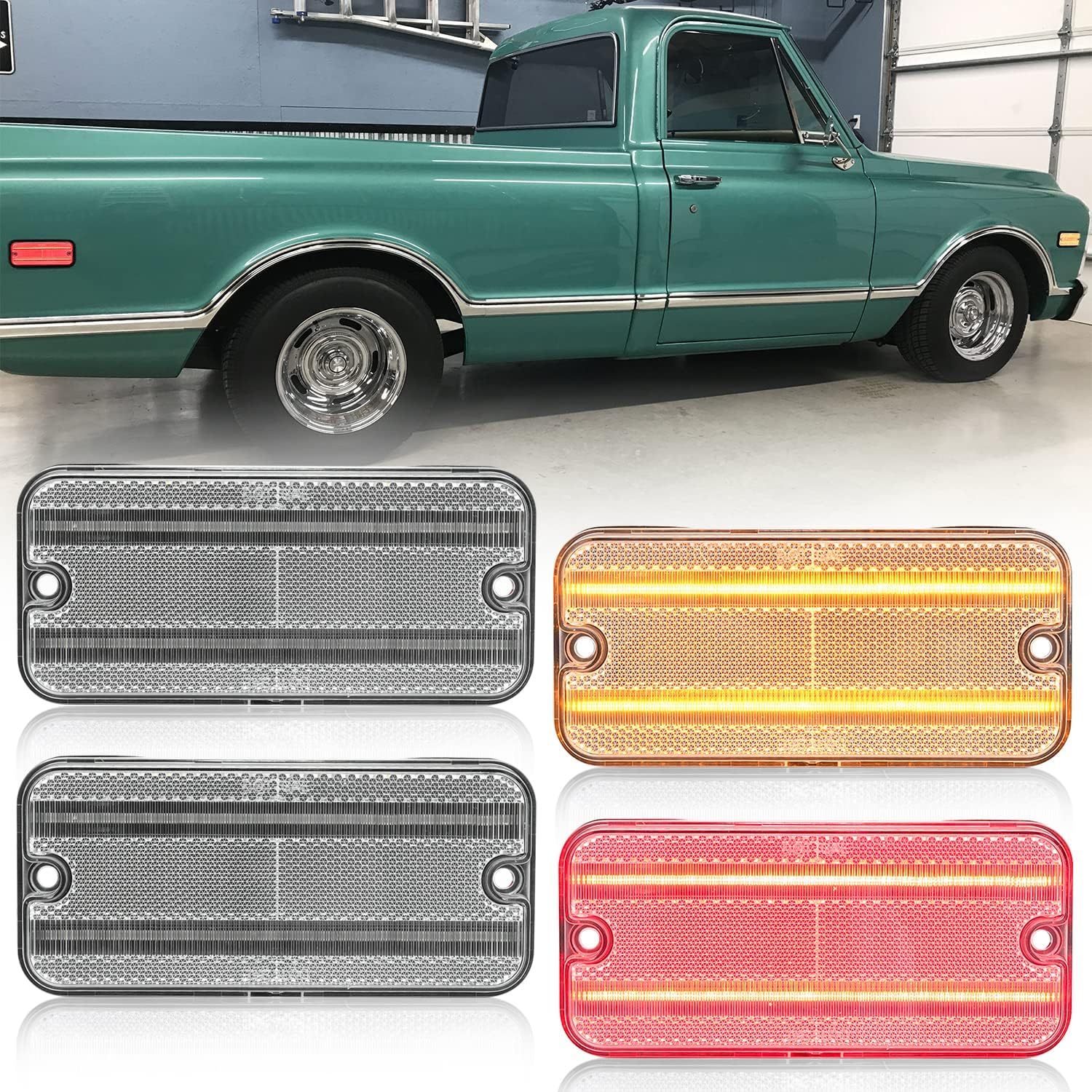 Led Side Marker Lights Replacement for 1968-1972 Chevy C/K Series Trucks 1968-1995 G Series G10 G20 Van Amber Front & Rear Red Side Signal Lamps Clear Lens OEM Fender Sidemarker Clearance Light Kit