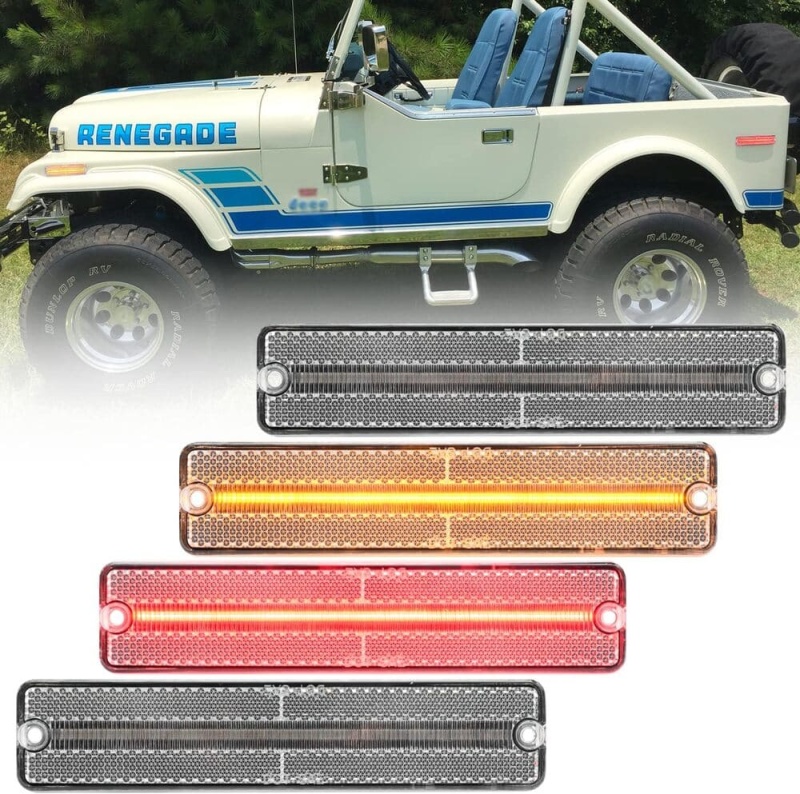 Led Side Marker Lights Replacement for 1972-1986 Jeep CJ5 CJ7, 1984-1991 Grand Wagoneer J10 J20 Pickup Amber Front Red Rear Fender Side Markers Turn Signals OEM Sidemarker Lamps Kit Smoked Lens