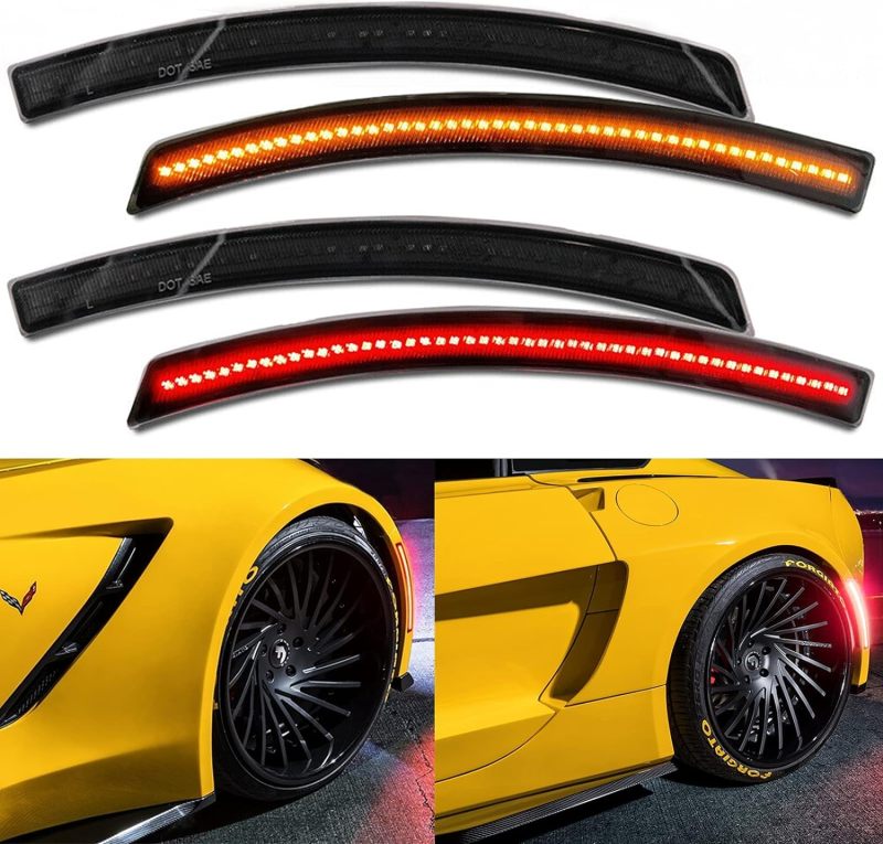 LED Side Marker Lights for Chevy Corvette C7 2014 2015 2016 2017 2018 2019 Smoked Lens 192-SMD Amber Front Red Rear C7 Side Signal Marker Lights Replace OEM Sidemarker Lamps