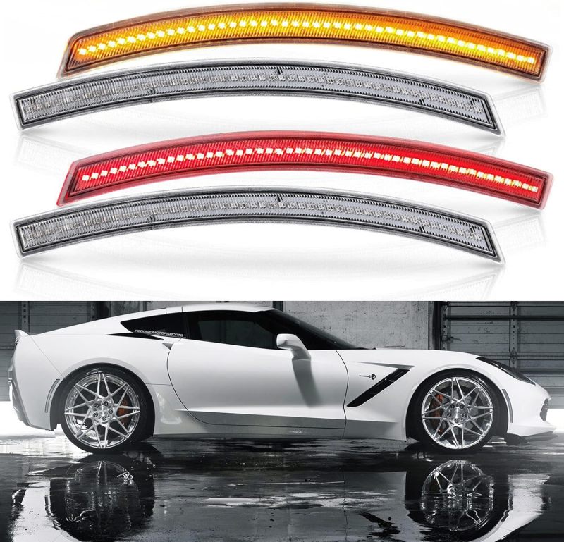 LED Side Marker Lights for Chevy Corvette C7 2014 2015 2016 2017 2018 2019 Smoked Lens 192-SMD Amber Front Red Rear C7 Side Signal Marker Lights Replace OEM Sidemarker Lamps