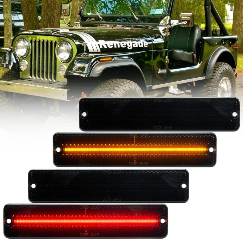 Led Side Marker Lights Replacement for 1972-1986 Jeep CJ5 CJ7, 1984-1991 Grand Wagoneer J10 J20 Pickup Amber Front Red Rear Fender Side Markers Turn Signals OEM Sidemarker Lamps Kit Smoked Lens