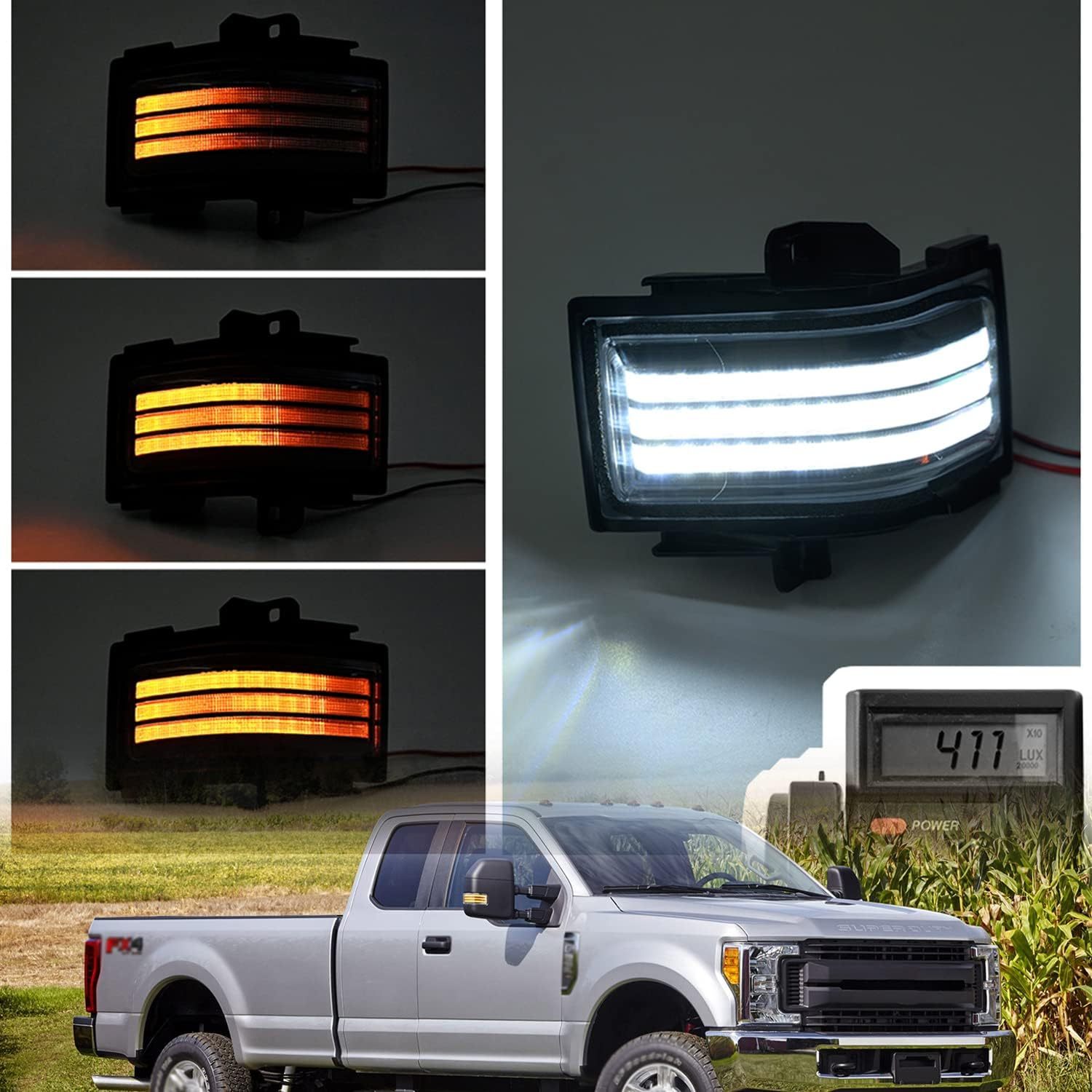 NSLUMO Sequential LED Side Mirror Marker Lights Compatible w/2015-2023 F150 F250 F350 F450 Pickup Towing Mirror Amber Turn Signal Indicator & White DRL Parking Lamp Assembly Clear Lens