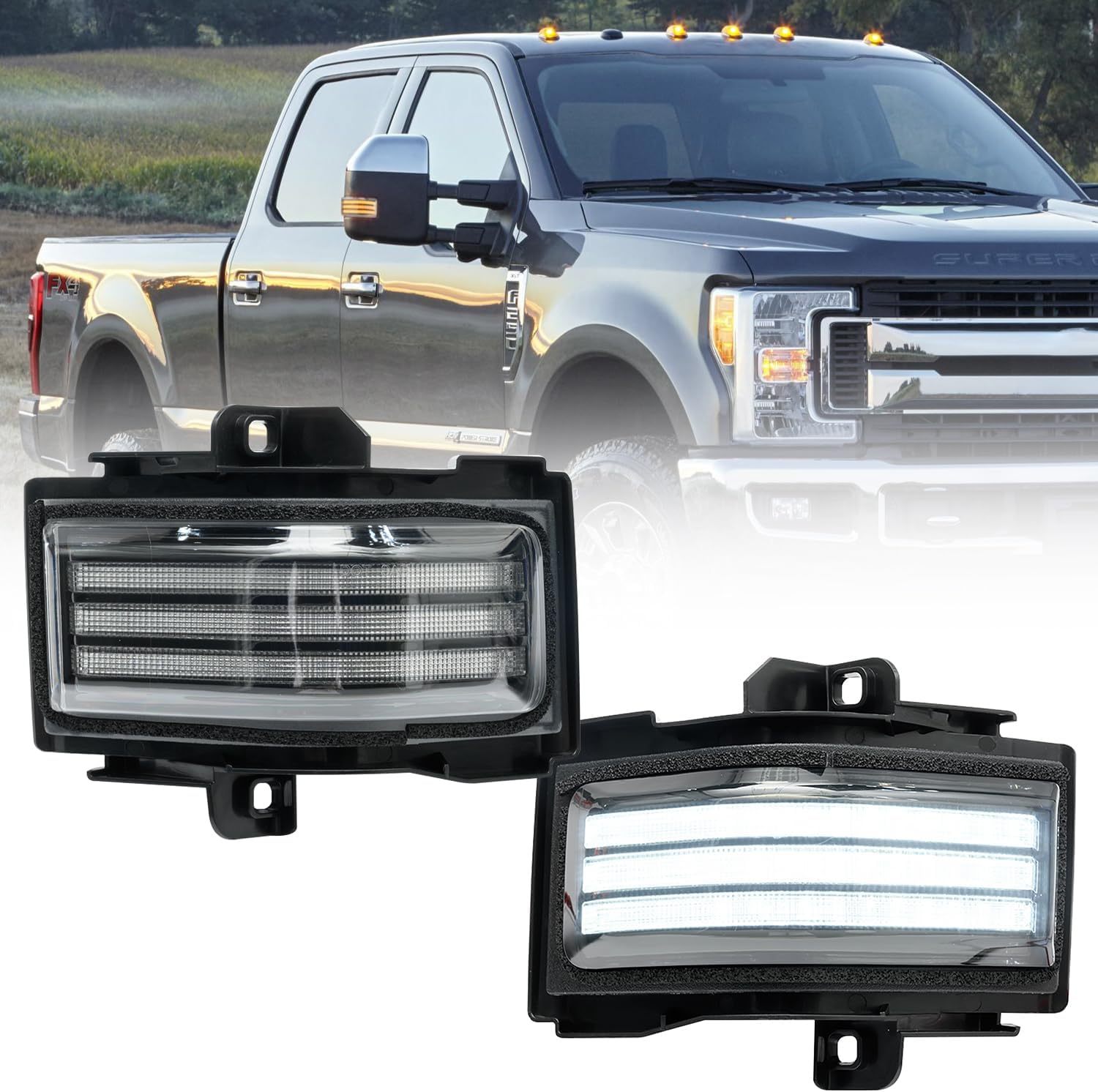 NSLUMO Sequential LED Side Mirror Marker Lights Compatible w/2015-2023 F150 F250 F350 F450 Pickup Towing Mirror Amber Turn Signal Indicator & White DRL Parking Lamp Assembly Clear Lens