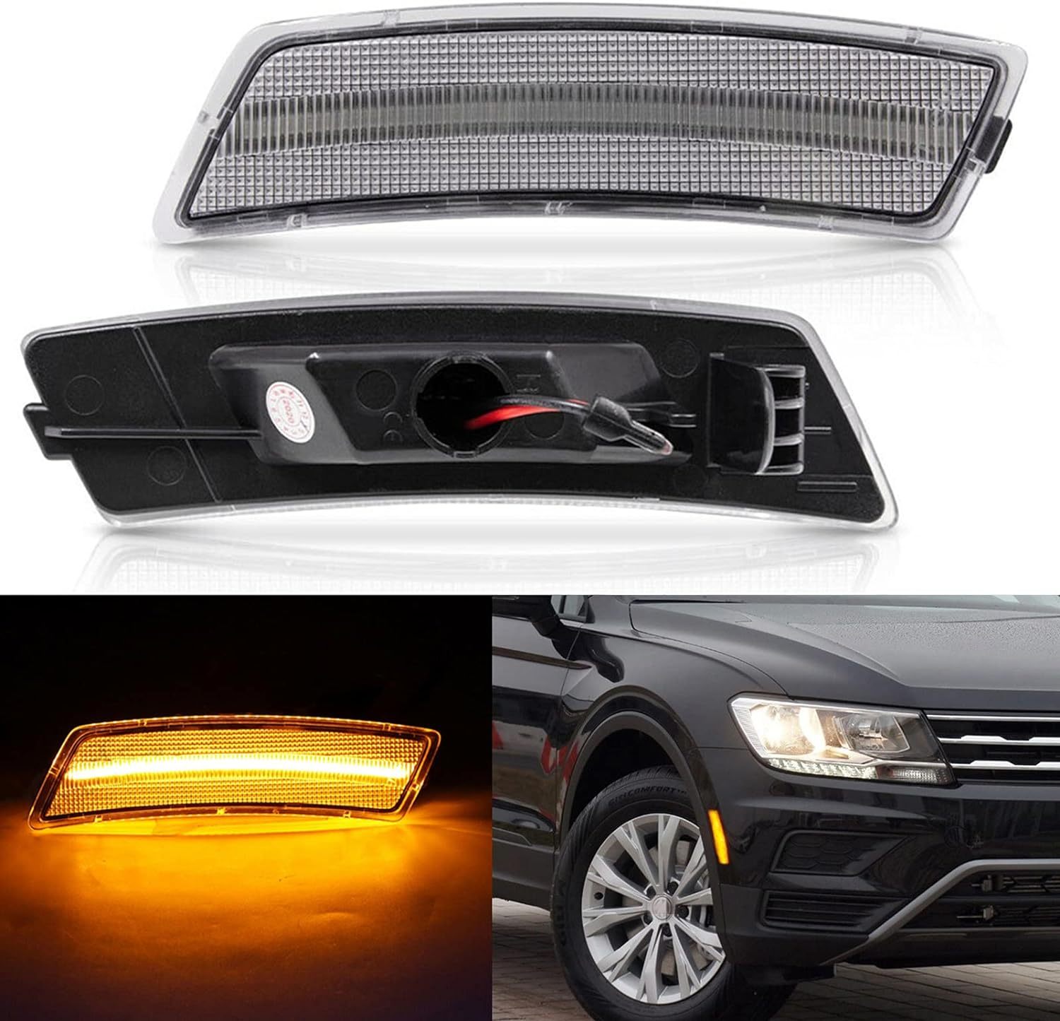 Amber Front Bumper Led Side Marker Lights Compatible with 12-19 VW Beetle 18-up VW Ti-guan, Smoked Lens Replace OEM Sidemarker Lamps