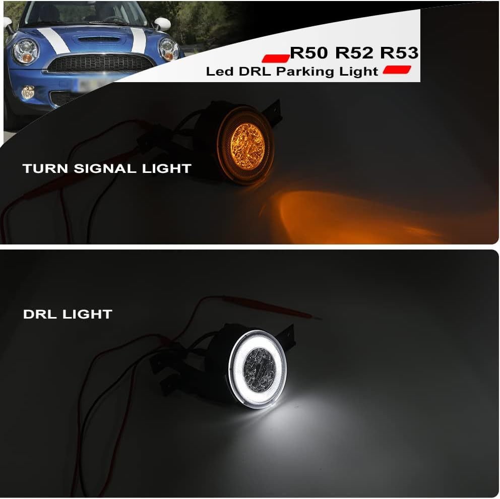 NSLUMO Led DRL Parking Light Turn Signal Assembly for 02-06 MINI Cooper R50 R53 Hardtop & 05-08 R52 Convertible White Halo Ring Daytime Running Lights Amber Turn Signal Lamps