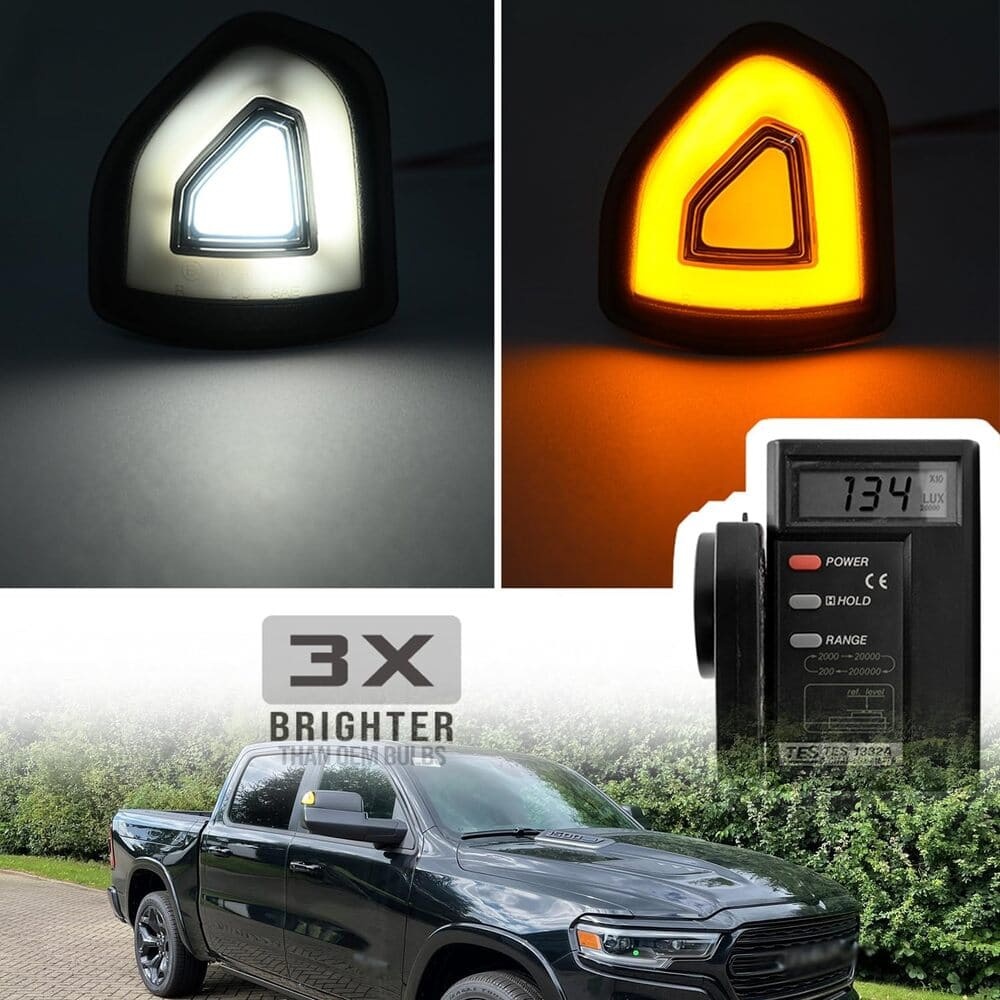 LED Side Mirror Turn Signal Lights Replacement for 2021-2023 Ram 1500 2019-2022 RAM 2500 3500 Pickup, Amber Towing Mirror Switchback White Parking Lamp Assembly Pair Smoked/Clear Lens 68460762AA 68460763AA
