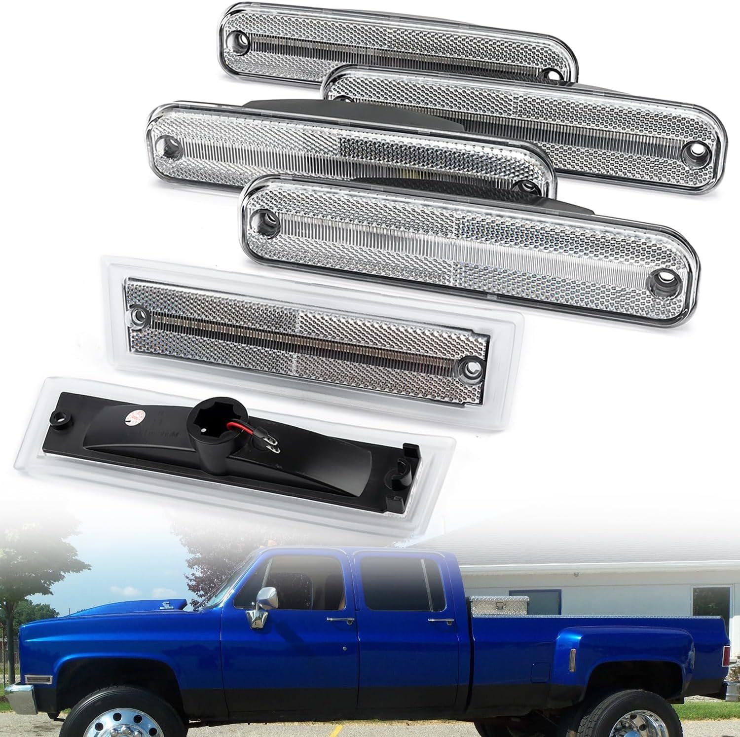 NSLUMO Led Side Marker Lights for 1981-1991 Chevy C/K C30 K30 GMC C3500 K3500 Dually Trucks Amber Front & Rear Red Side Clearance Lamps 6pcs Clear Lens OEM Bumper Sidemarker Light Kit