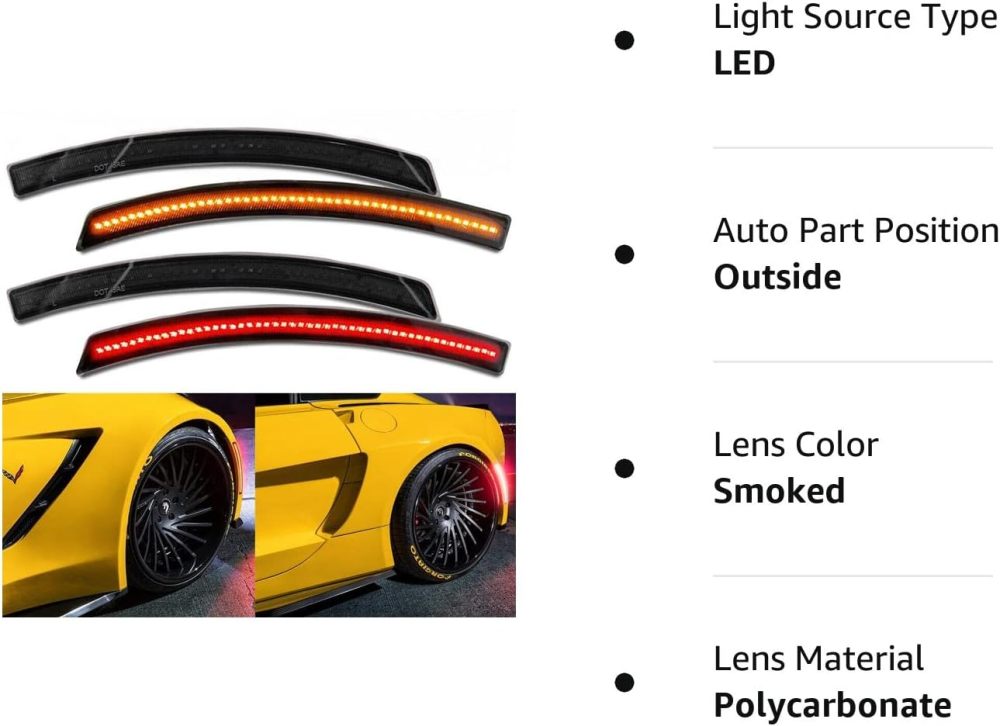 LED Side Marker Lights for Chevy Corvette C7 2014 2015 2016 2017 2018 2019 Smoked Lens 192-SMD Amber Front Red Rear C7 Side Signal Marker Lights Replace OEM Sidemarker Lamps