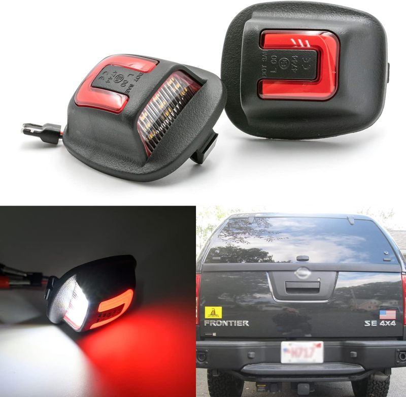 LED License Plate Light Replacement for 1999-2004 Nissan Xterra, 1998-2004 Nissan Frontier, OEM Fit 6000K 18-SMD Canbus Error Free Xenon White Led Tag Lights Assembly w/Red Tube Led Rear Running Lamp
