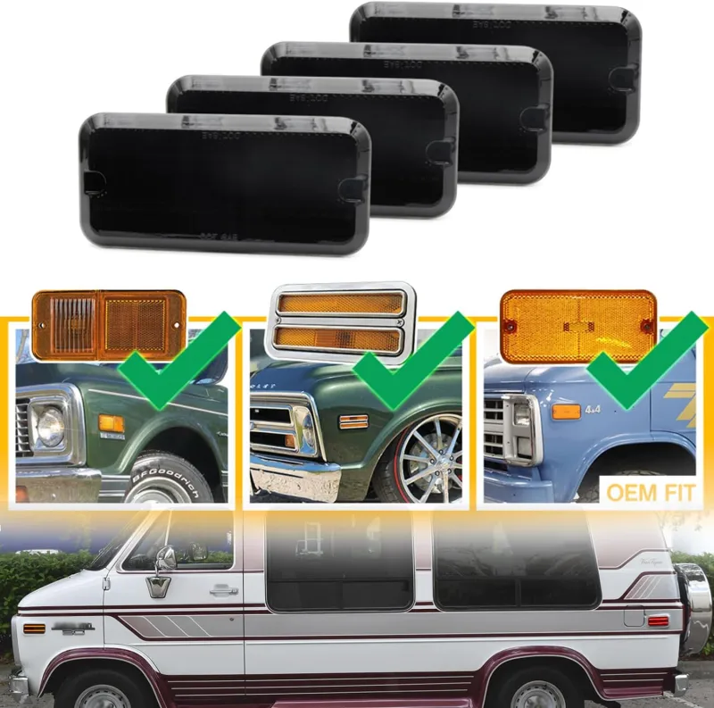Led Side Marker Lights Replacement for 1968-1972 Chevy C/K Series Trucks 1968-1996 GMC G/P Series Vans Amber Front & Rear Red Side Signal Lamps Smoked Lens OEM Fender Sidemarker Clearance Light Kit