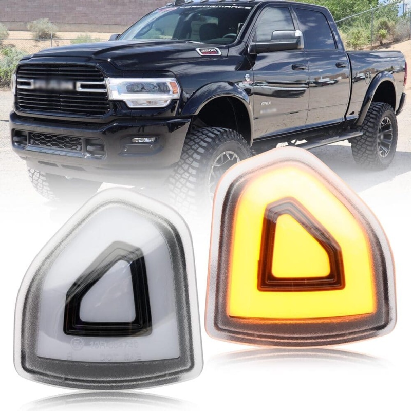 LED Side Mirror Turn Signal Lights Replacement for 2021-2023 Ram 1500 2019-2022 RAM 2500 3500 Pickup, Amber Towing Mirror Switchback White Parking Lamp Assembly Pair Smoked/Clear Lens 68460762AA 68460763AA