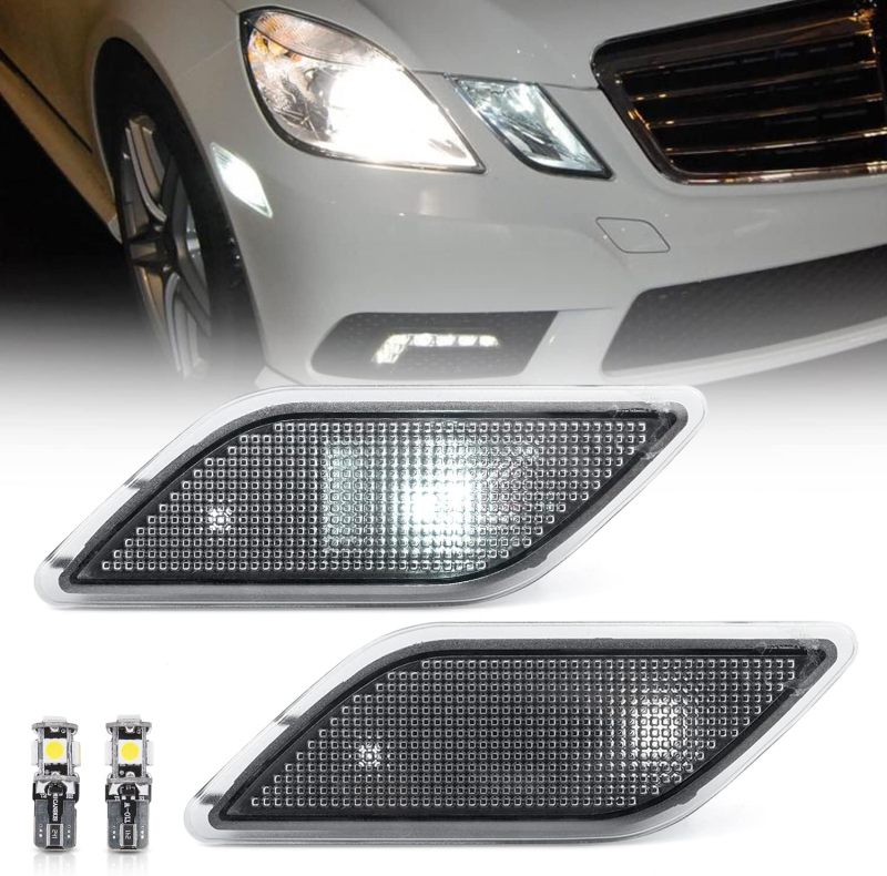 NSLUMO Xenon White Led Side Marker Lights for 2010-13 Mercedes Benz W212 Pre-LCI E-Class Clear Lens Front Fender Marker Lamps with T10 Bulbs OEM fit
