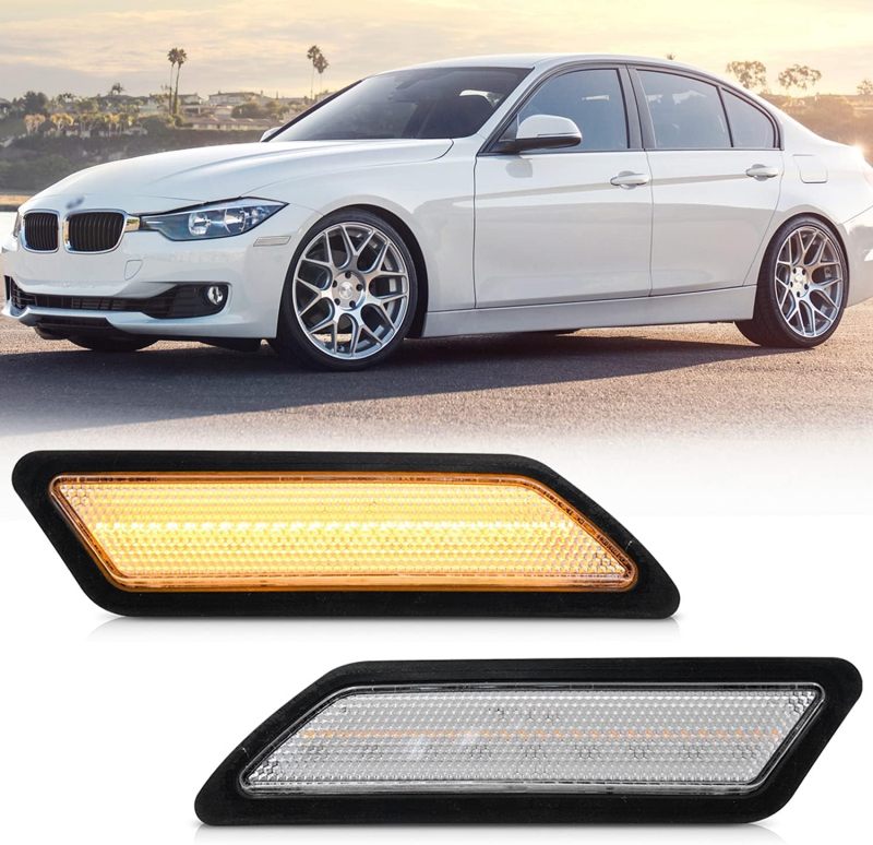 Front Bumper Led Side Markers Compatible w/ 2012-2015 B-M-W F30 F31 Pre-LCI 3 Series 328i Amber Yellow Led Side Marker Repeater Lights Signal Reflector Lamps Replace OEM Amber Reflectors Clear Lens